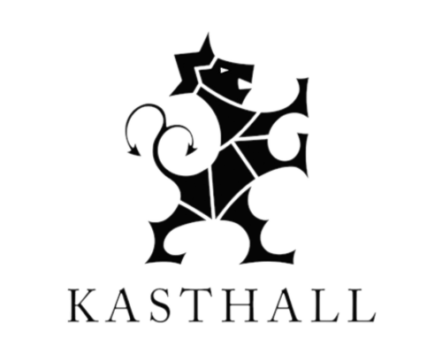 Logotype för Kasthall. Svart text där "Kasthall" i versaler och en figur likt ett lejon över.