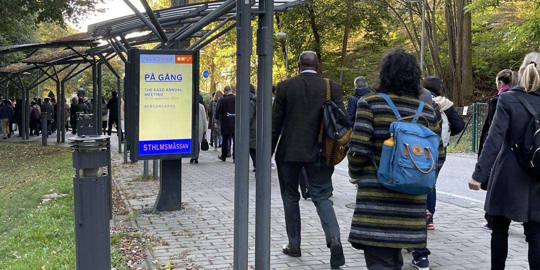 A group of people walking along a sidewalk towards Stockholmsmässan.  