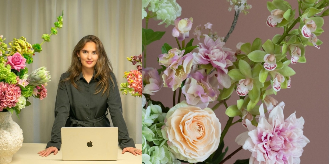 Emma Stender with artificial flowers